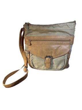 MultiSac Crossbody Bag Tan Faux Leather Striped Fabric Multiple Compartments 11"